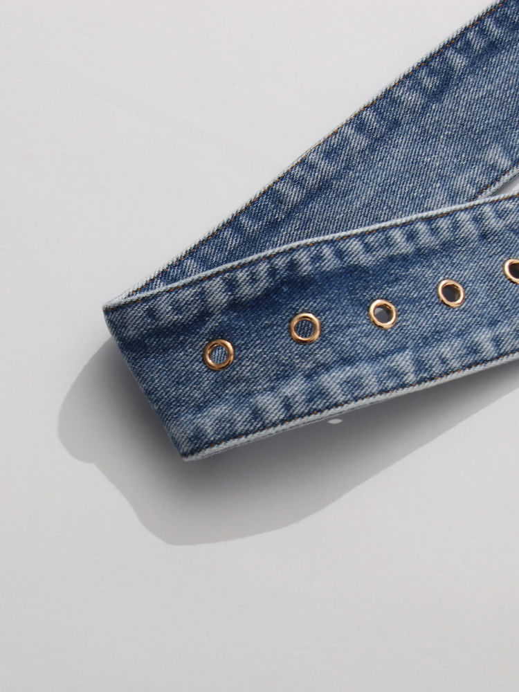 TWOTWINSTYLE V Neck Long Sleeve Spliced Belt Fashion Denim Coat