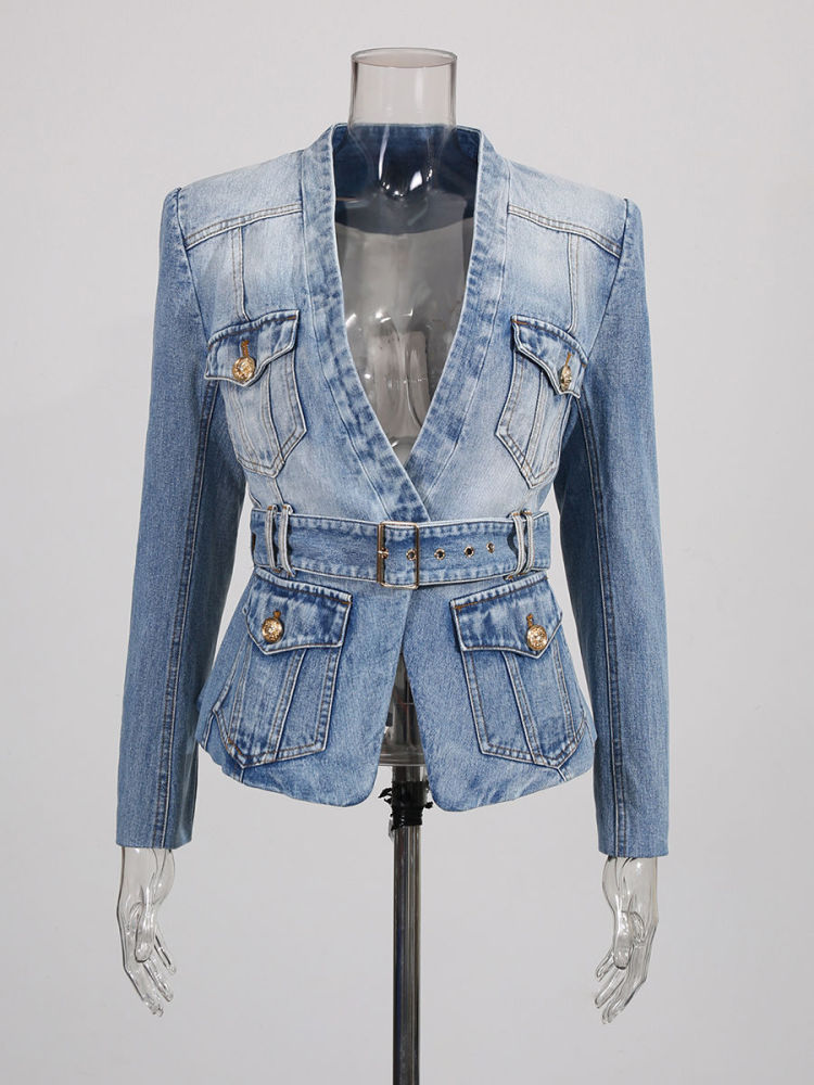 TWOTWINSTYLE V Neck Long Sleeve Spliced Belt Fashion Denim Coat