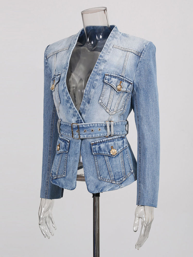 TWOTWINSTYLE V Neck Long Sleeve Spliced Belt Fashion Denim Coat