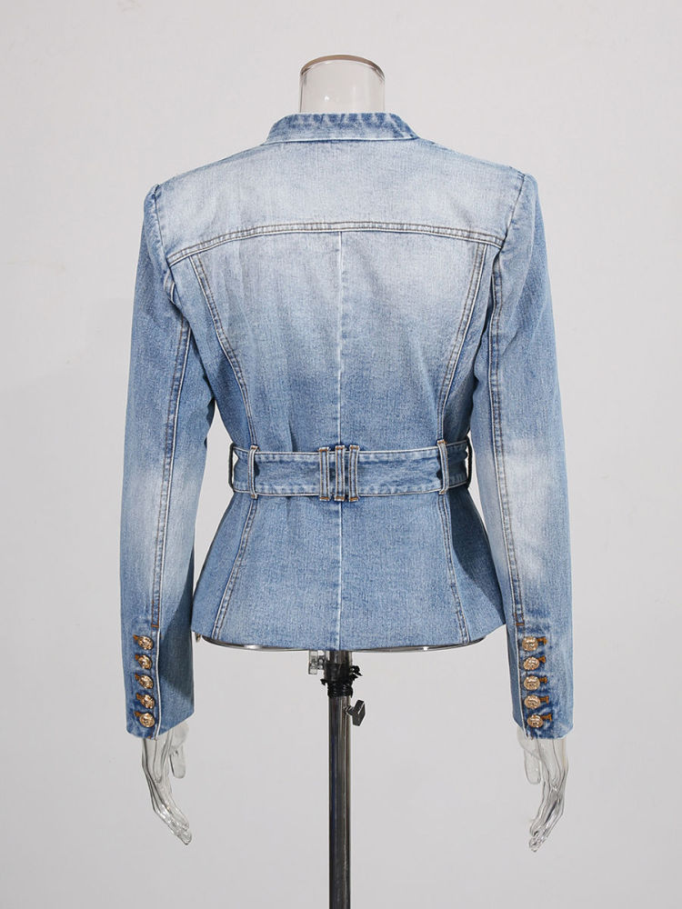 TWOTWINSTYLE V Neck Long Sleeve Spliced Belt Fashion Denim Coat