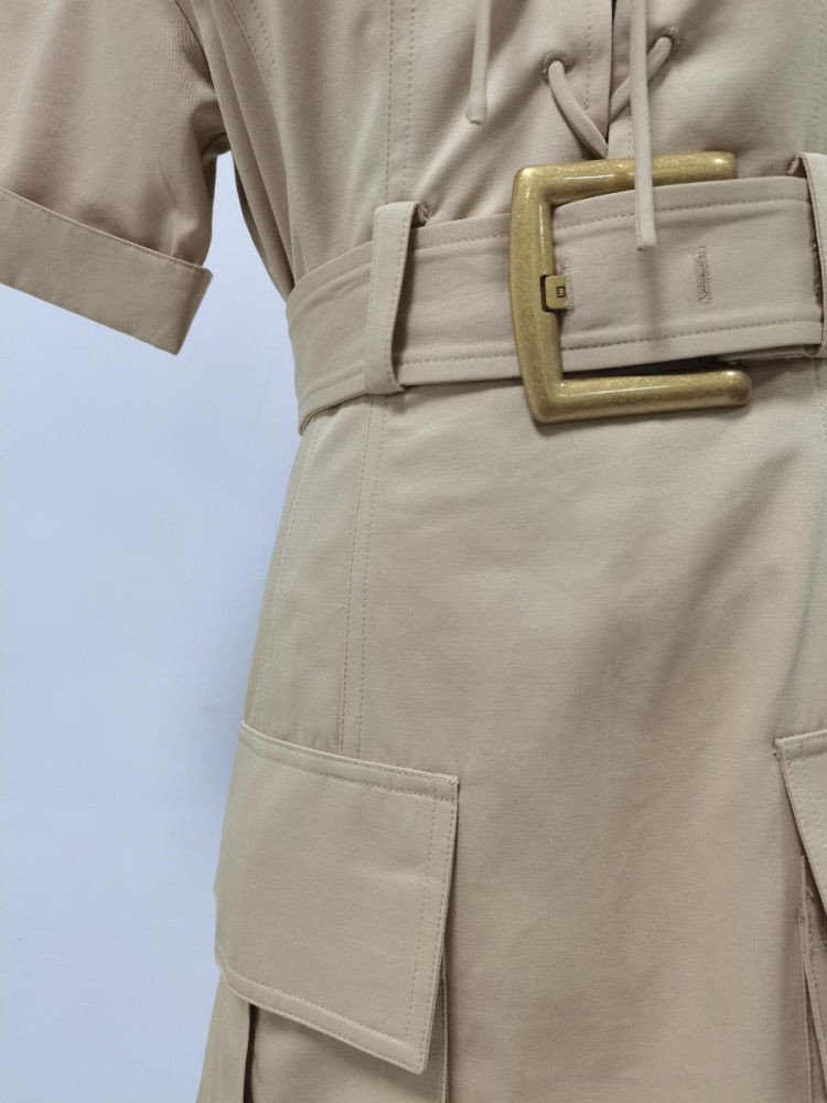 TWOTWINSTYLE Solid Lapel Patchwork Belt Casual Mini Dress