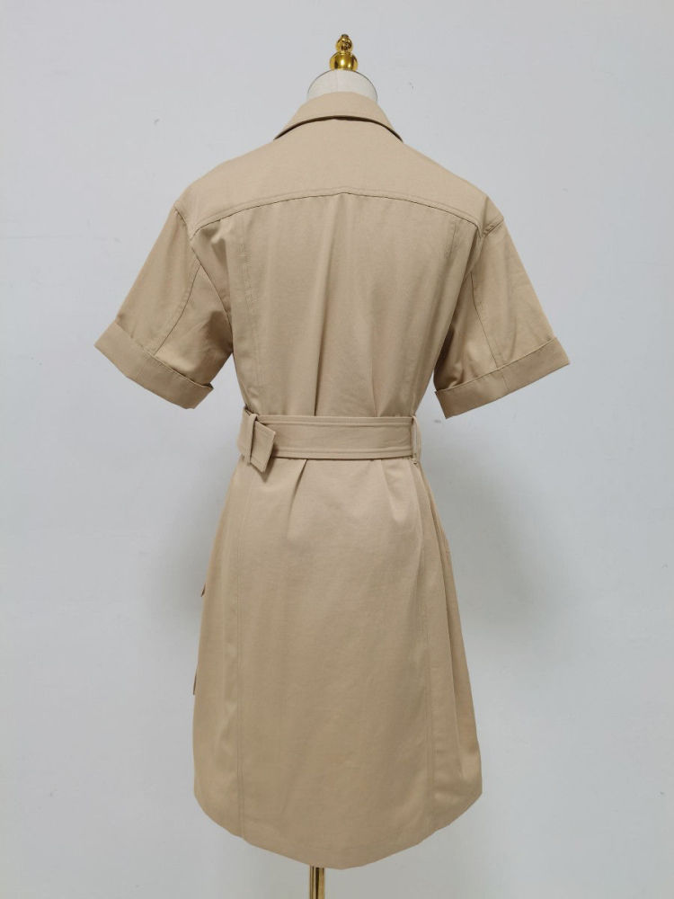 TWOTWINSTYLE Solid Lapel Patchwork Belt Casual Mini Dress