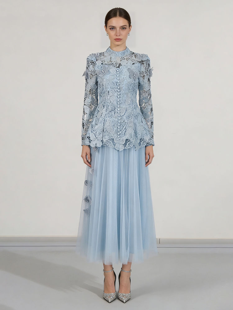 TWOTWINSTYLE Embroidered Hollow Flower Pleated Two Piece Set