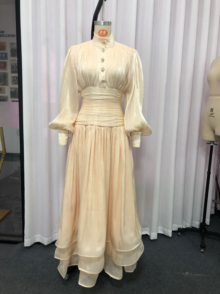 TWOTWINSTYLE Solid Stand Collar Long Sleeve Tunic Vintage Dress