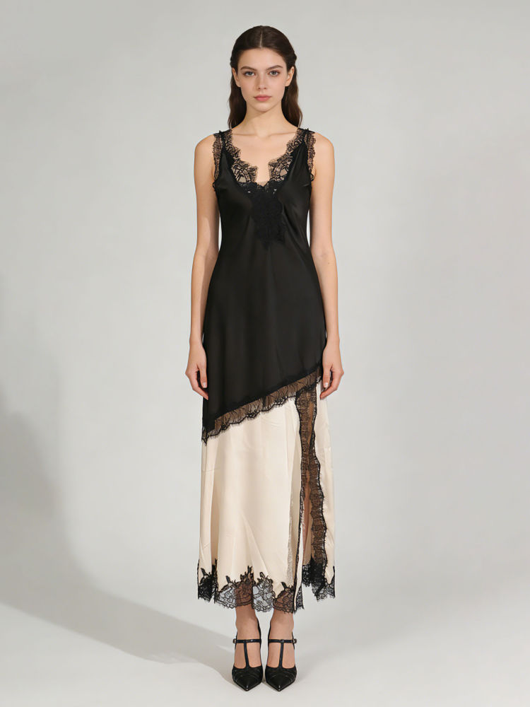 TWOTWINSTYLE Hit Color Spliced Lace Side Split Elegant Dress