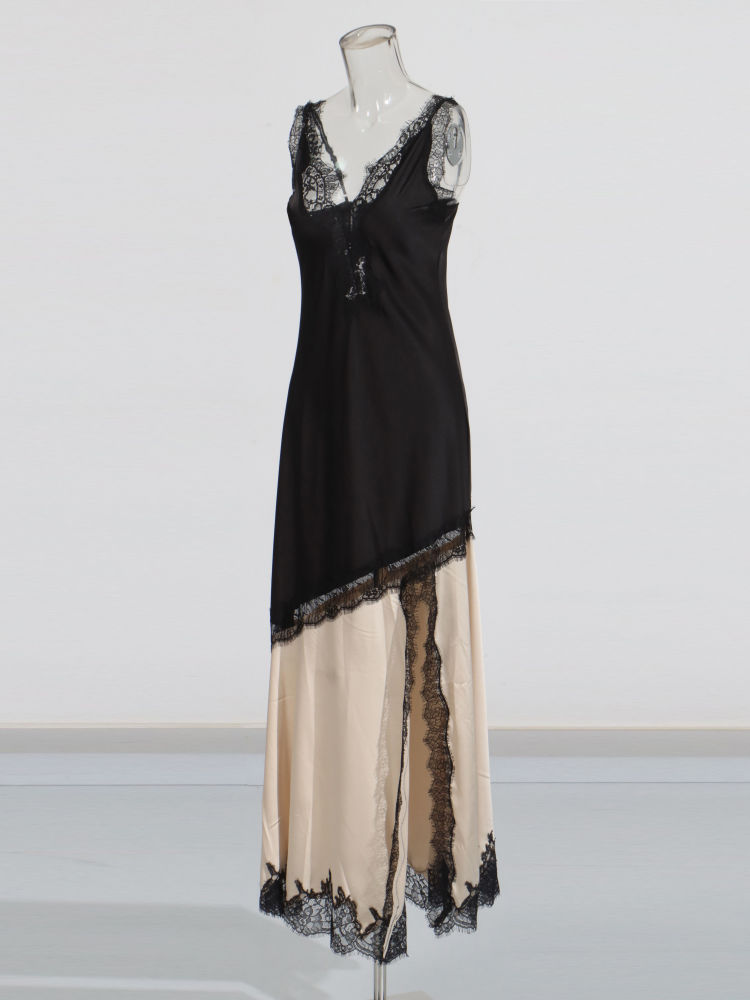 TWOTWINSTYLE Hit Color Spliced Lace Side Split Elegant Dress