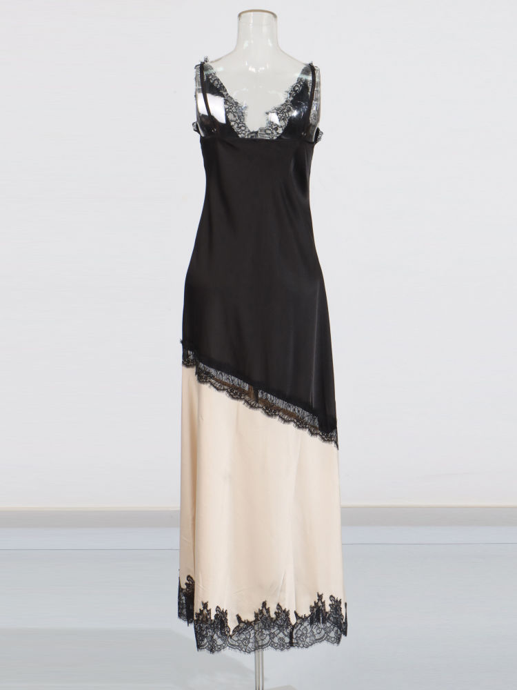TWOTWINSTYLE Hit Color Spliced Lace Side Split Elegant Dress