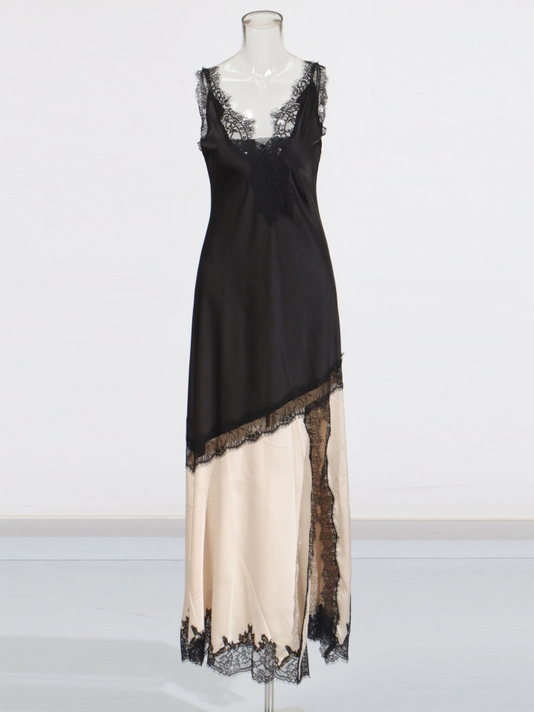 TWOTWINSTYLE Hit Color Spliced Lace Side Split Elegant Dress