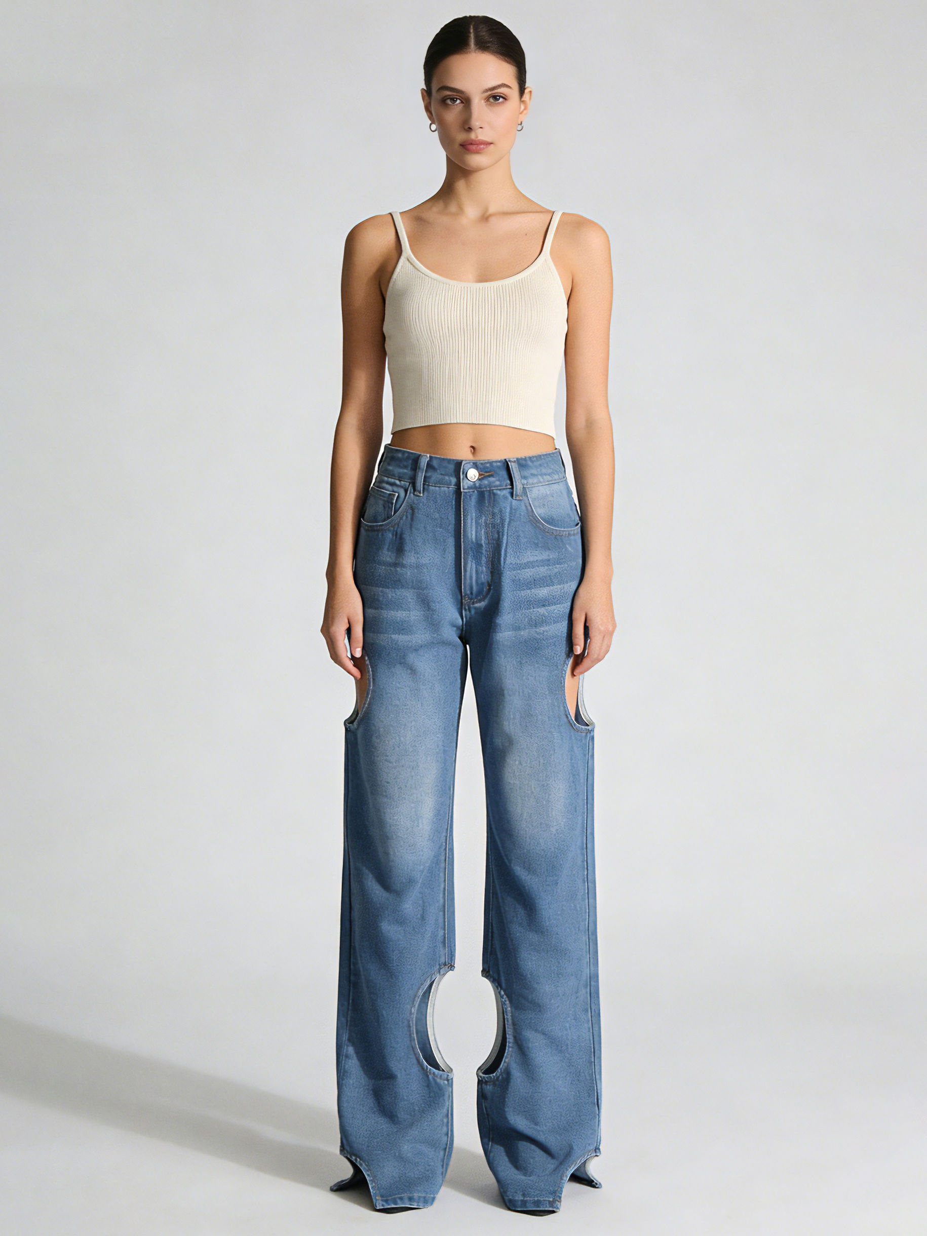 TWOTWINSTYLE Hollow Out Loose High Waist Casual Jeans