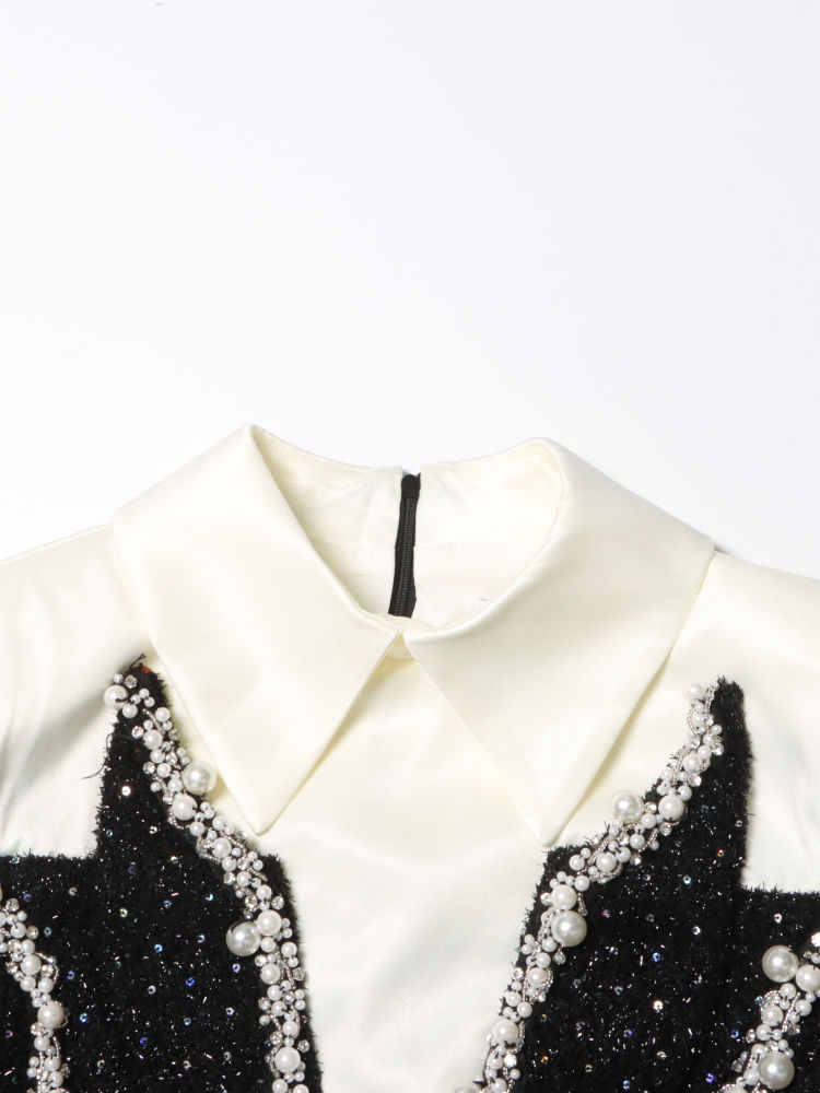 TWOTWINSTYLE Lapel Hit Color Patchwork Pearl Temperament Dress