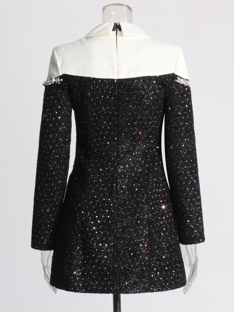 TWOTWINSTYLE Lapel Hit Color Patchwork Pearl Temperament Dress