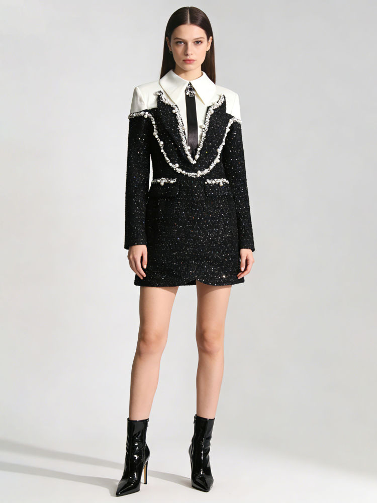 TWOTWINSTYLE Lapel Hit Color Patchwork Pearl Temperament Dress