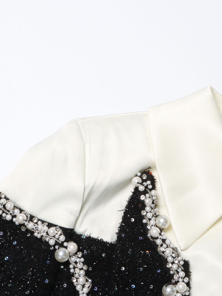 TWOTWINSTYLE Lapel Hit Color Patchwork Pearl Temperament Dress