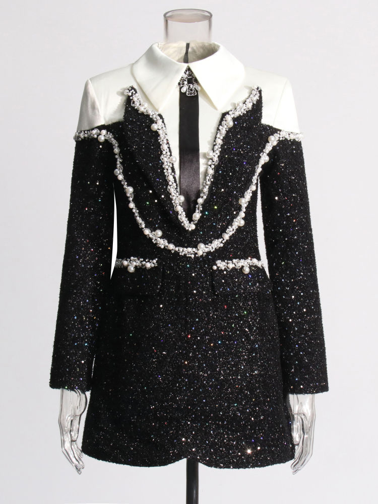 TWOTWINSTYLE Lapel Hit Color Patchwork Pearl Temperament Dress