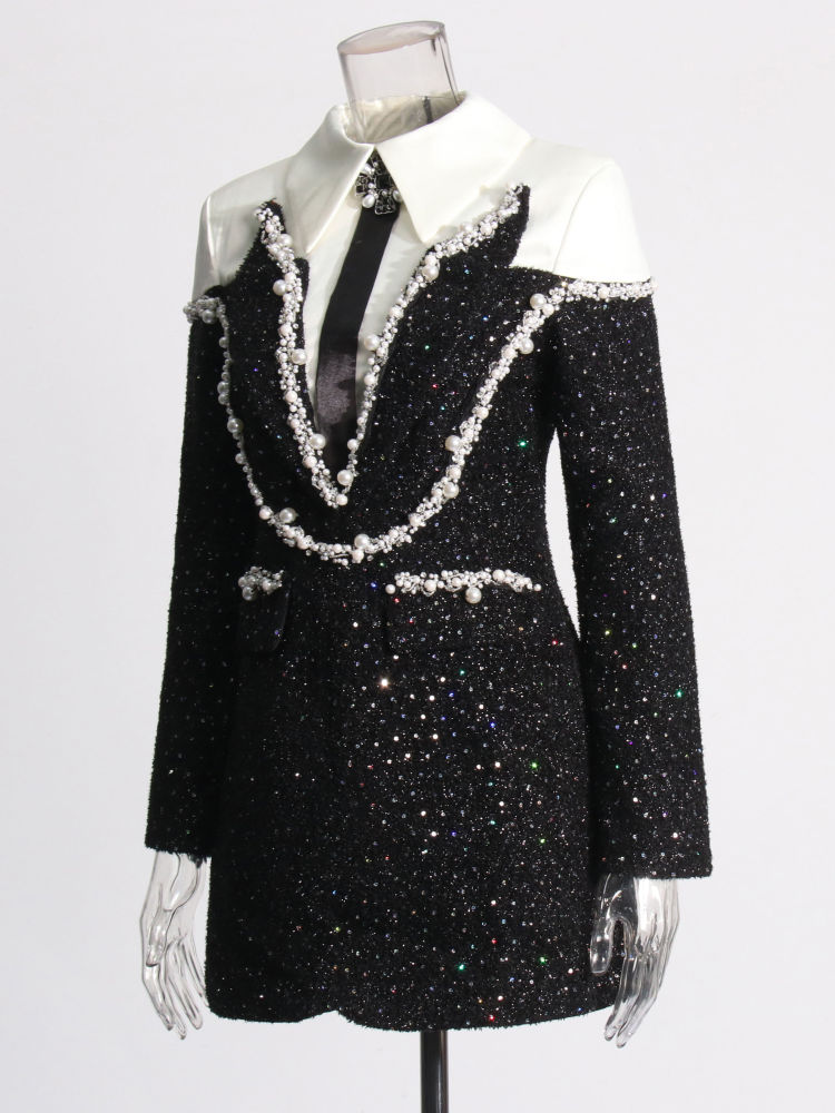 TWOTWINSTYLE Lapel Hit Color Patchwork Pearl Temperament Dress