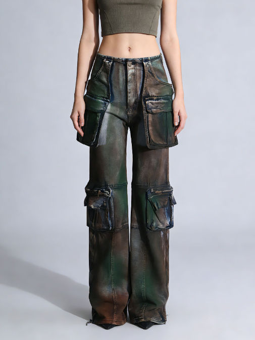TWOTWINSTYLE Hit Color Spliced Pocket Fashion Denim Pants