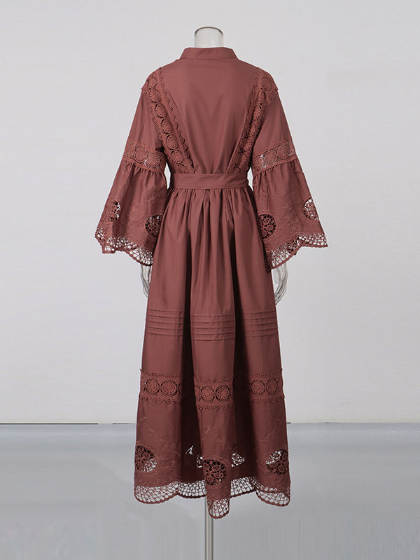TWOTWINSTYLE Solid Hollow Out Patchwork Lace Up Dress