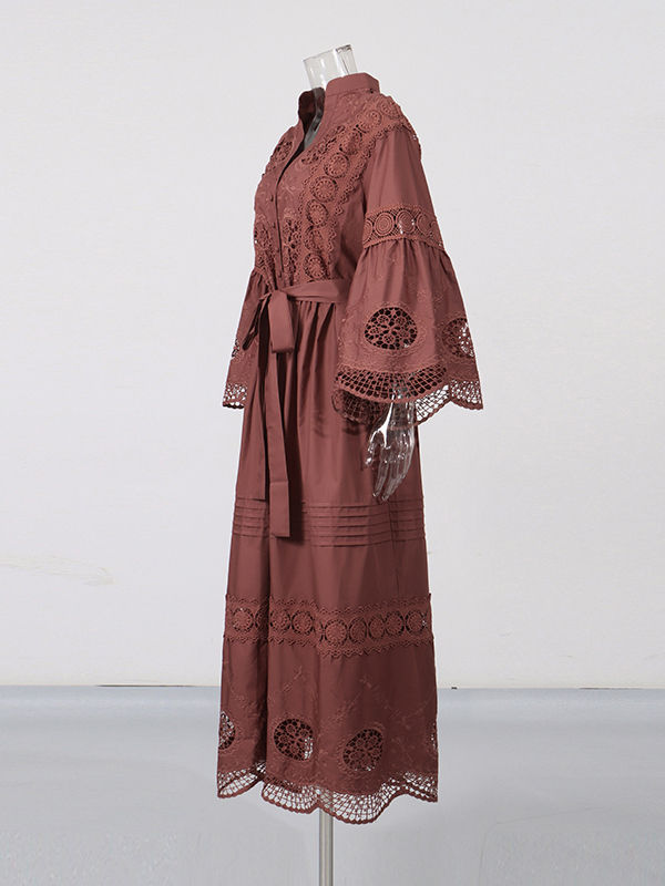 TWOTWINSTYLE Solid Hollow Out Patchwork Lace Up Dress