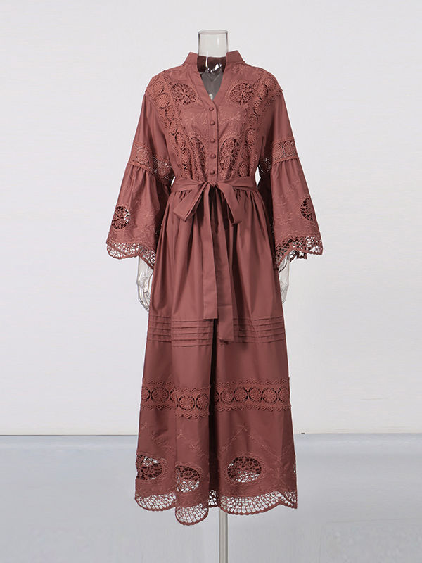 TWOTWINSTYLE Solid Hollow Out Patchwork Lace Up Dress