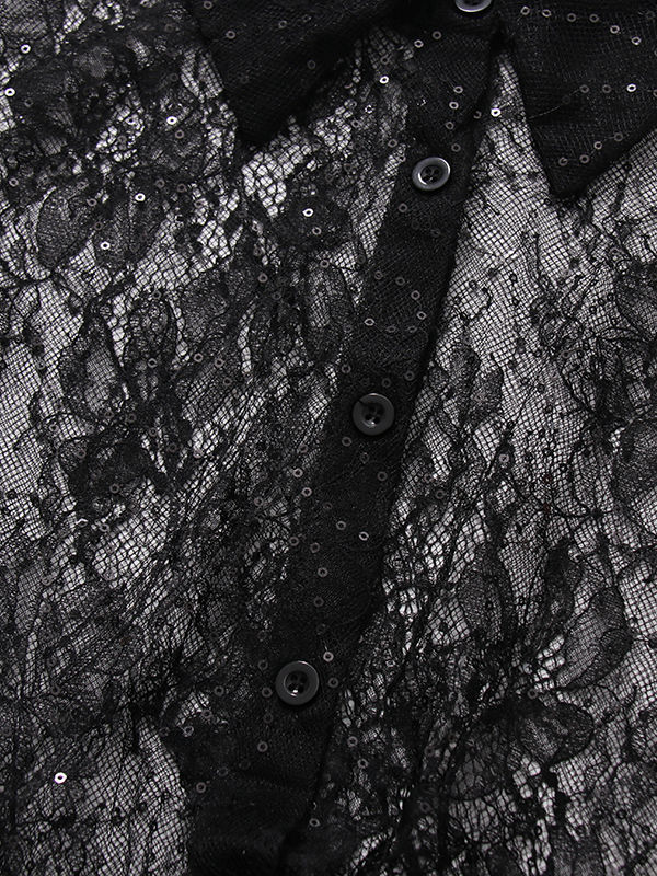 TWOTWINSTYLE Lapel Patchwork Mesh Tunic Dress