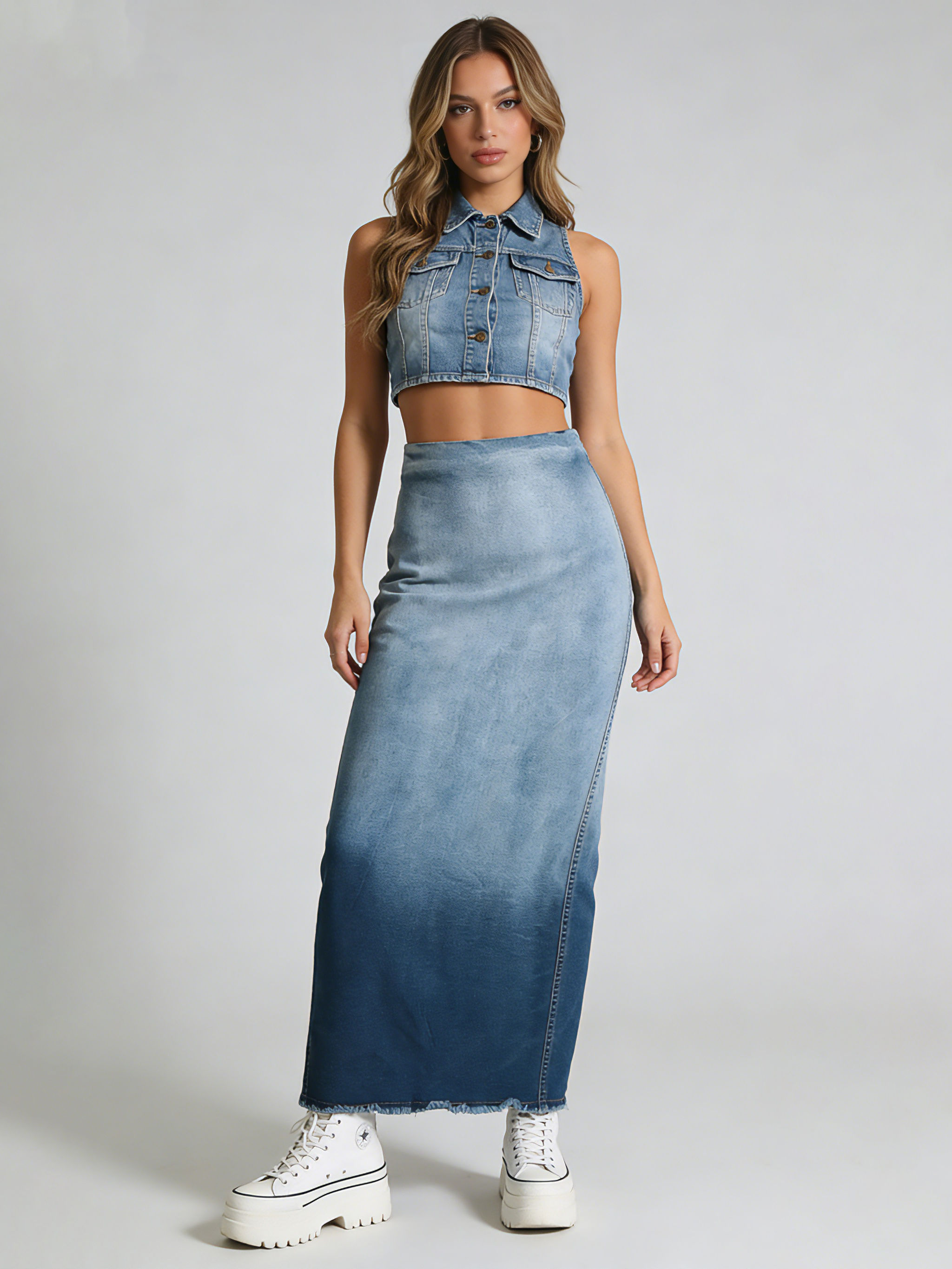 TWOTWINSTYLE Hit Color High Waist Casual Denim Skirt
