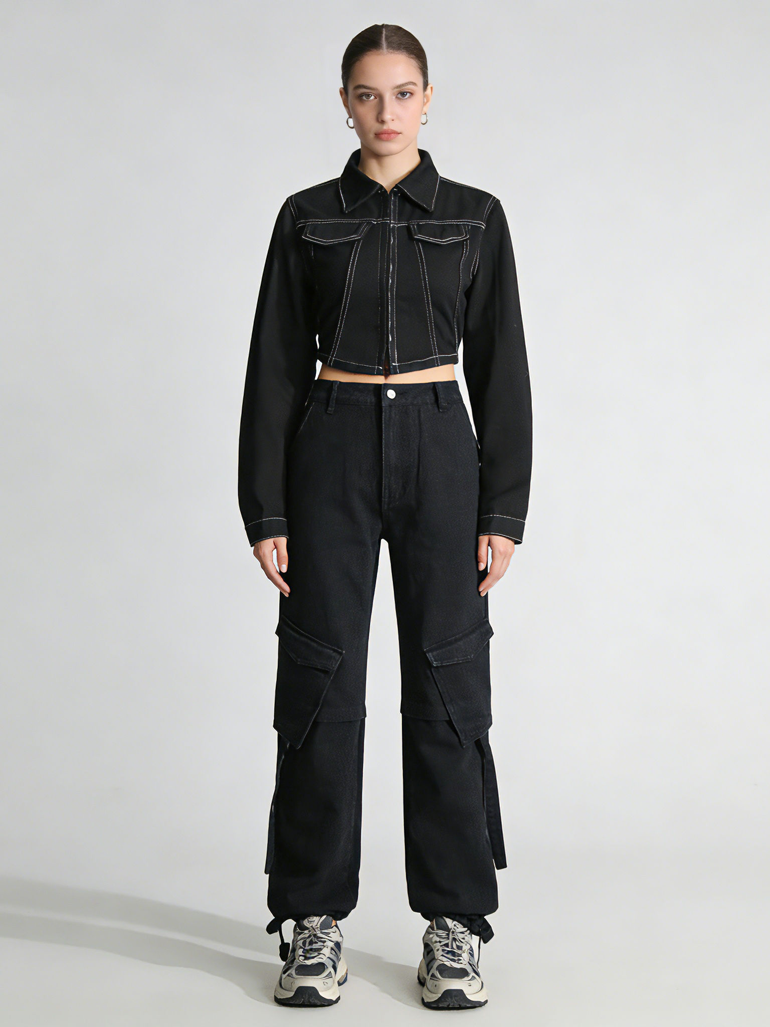 TWOTWINSTYLE Lapel Crop Denim Coat Patchwork Pocket Jeans Two Piece Set