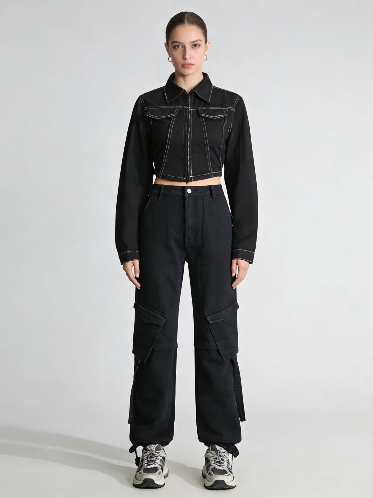 TWOTWINSTYLE Lapel Crop Denim Coat Patchwork Pocket Jeans Two Piece Set