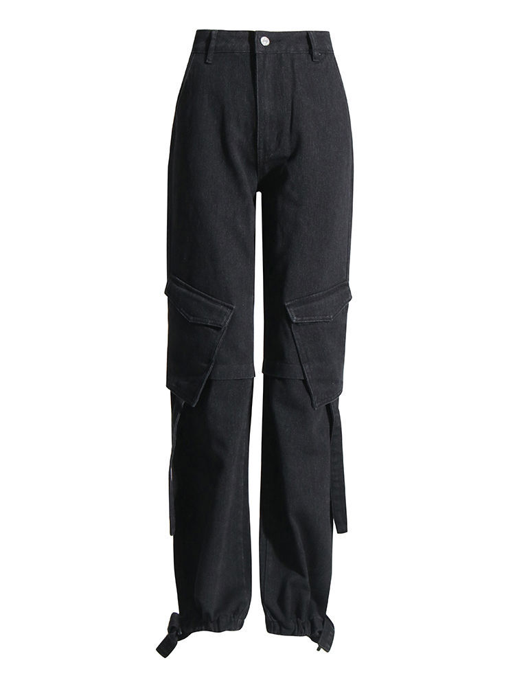 TWOTWINSTYLE Lapel Crop Denim Coat Patchwork Pocket Jeans Two Piece Set