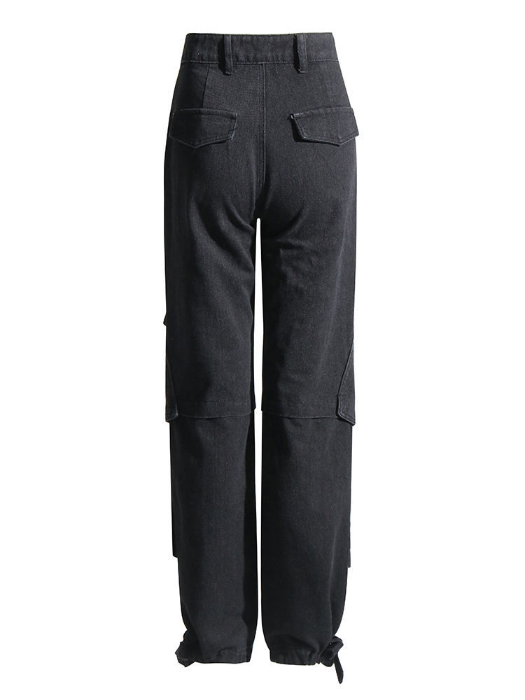 TWOTWINSTYLE Lapel Crop Denim Coat Patchwork Pocket Jeans Two Piece Set