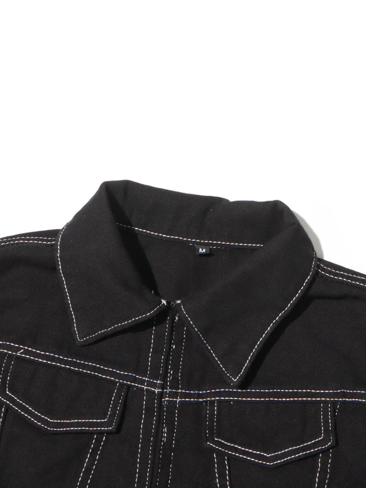 TWOTWINSTYLE Lapel Crop Denim Coat Patchwork Pocket Jeans Two Piece Set