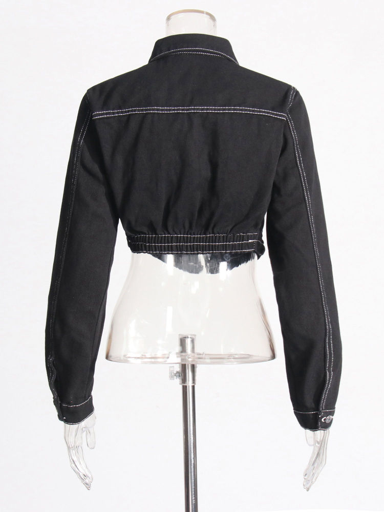 TWOTWINSTYLE Lapel Crop Denim Coat Patchwork Pocket Jeans Two Piece Set