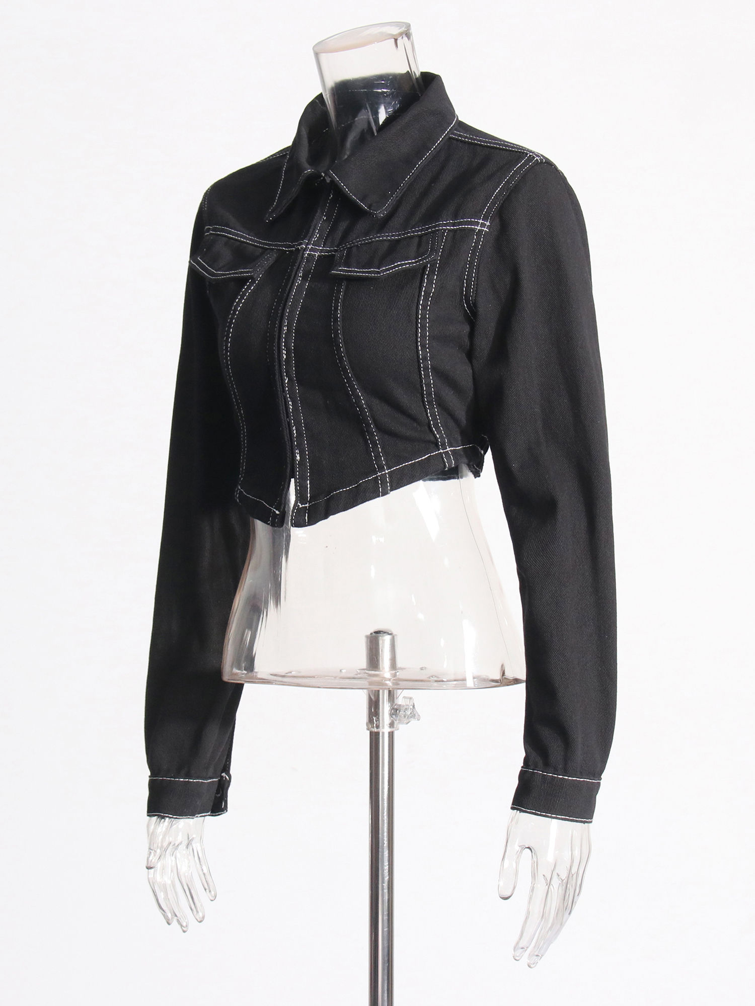 TWOTWINSTYLE Lapel Crop Denim Coat Patchwork Pocket Jeans Two Piece Set