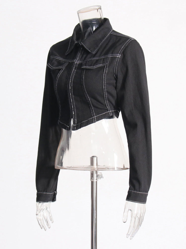 TWOTWINSTYLE Lapel Crop Denim Coat Patchwork Pocket Jeans Two Piece Set