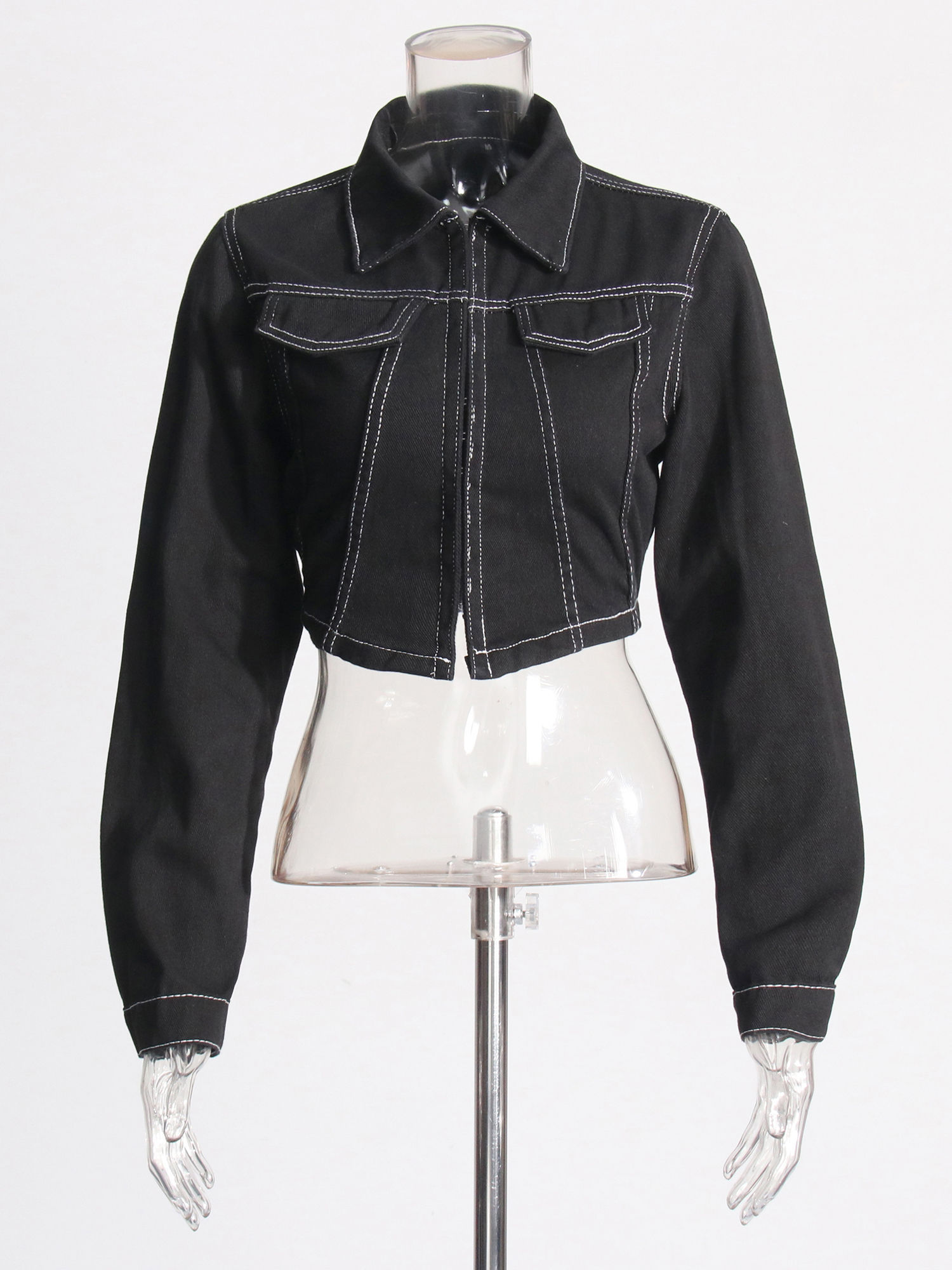 TWOTWINSTYLE Lapel Crop Denim Coat Patchwork Pocket Jeans Two Piece Set
