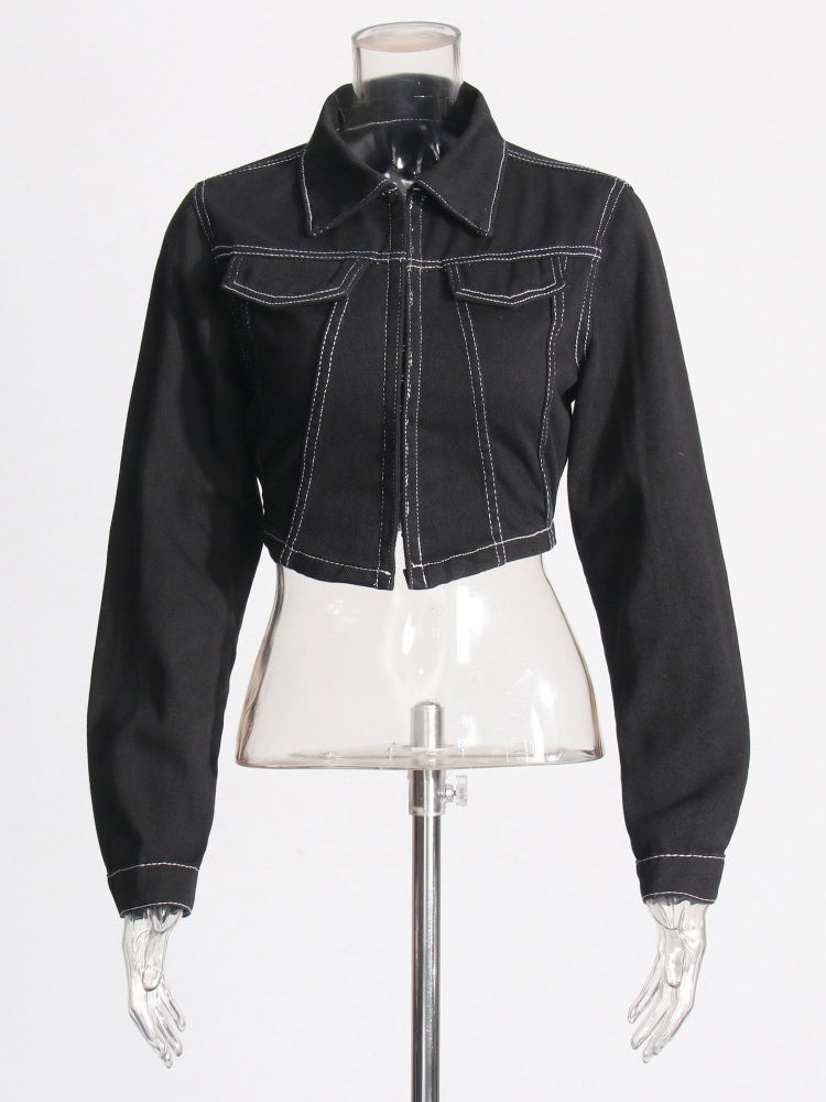 TWOTWINSTYLE Lapel Crop Denim Coat Patchwork Pocket Jeans Two Piece Set