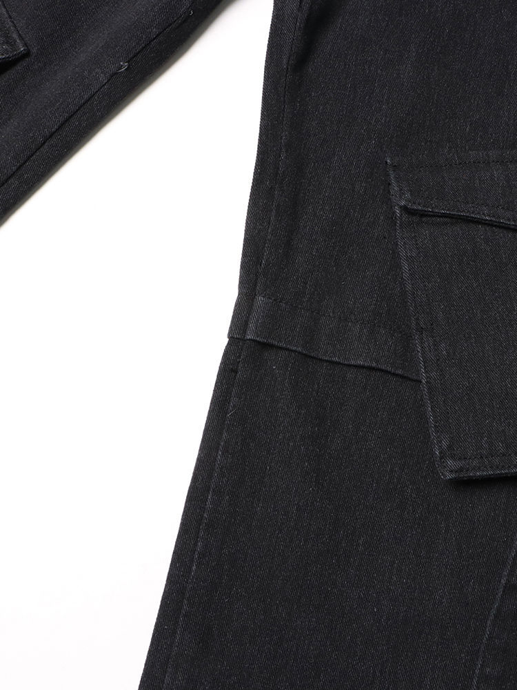 TWOTWINSTYLE Lapel Crop Denim Coat Patchwork Pocket Jeans Two Piece Set