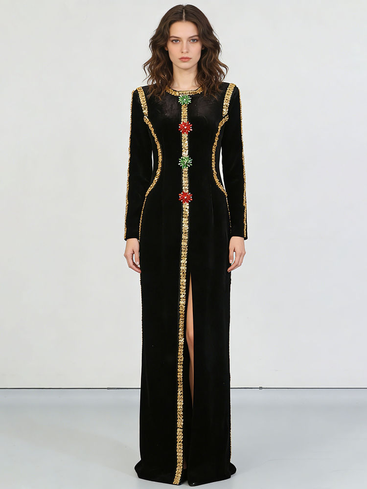 TWOTWINSTYLE Long Sleeve Patchwork Sequins Tunic Vintage Dress