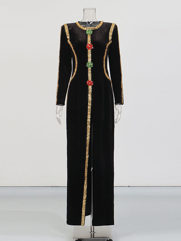 TWOTWINSTYLE Long Sleeve Patchwork Sequins Tunic Vintage Dress