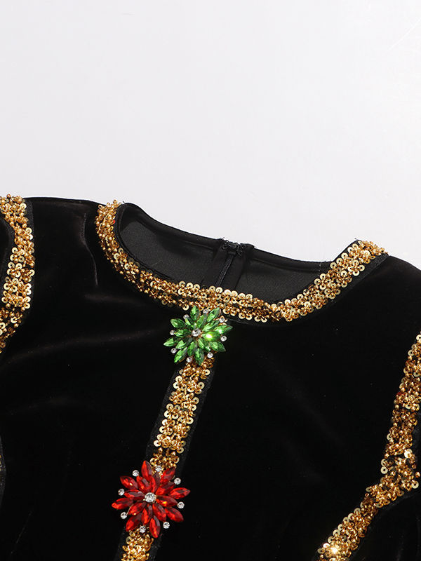 TWOTWINSTYLE Long Sleeve Patchwork Sequins Tunic Vintage Dress
