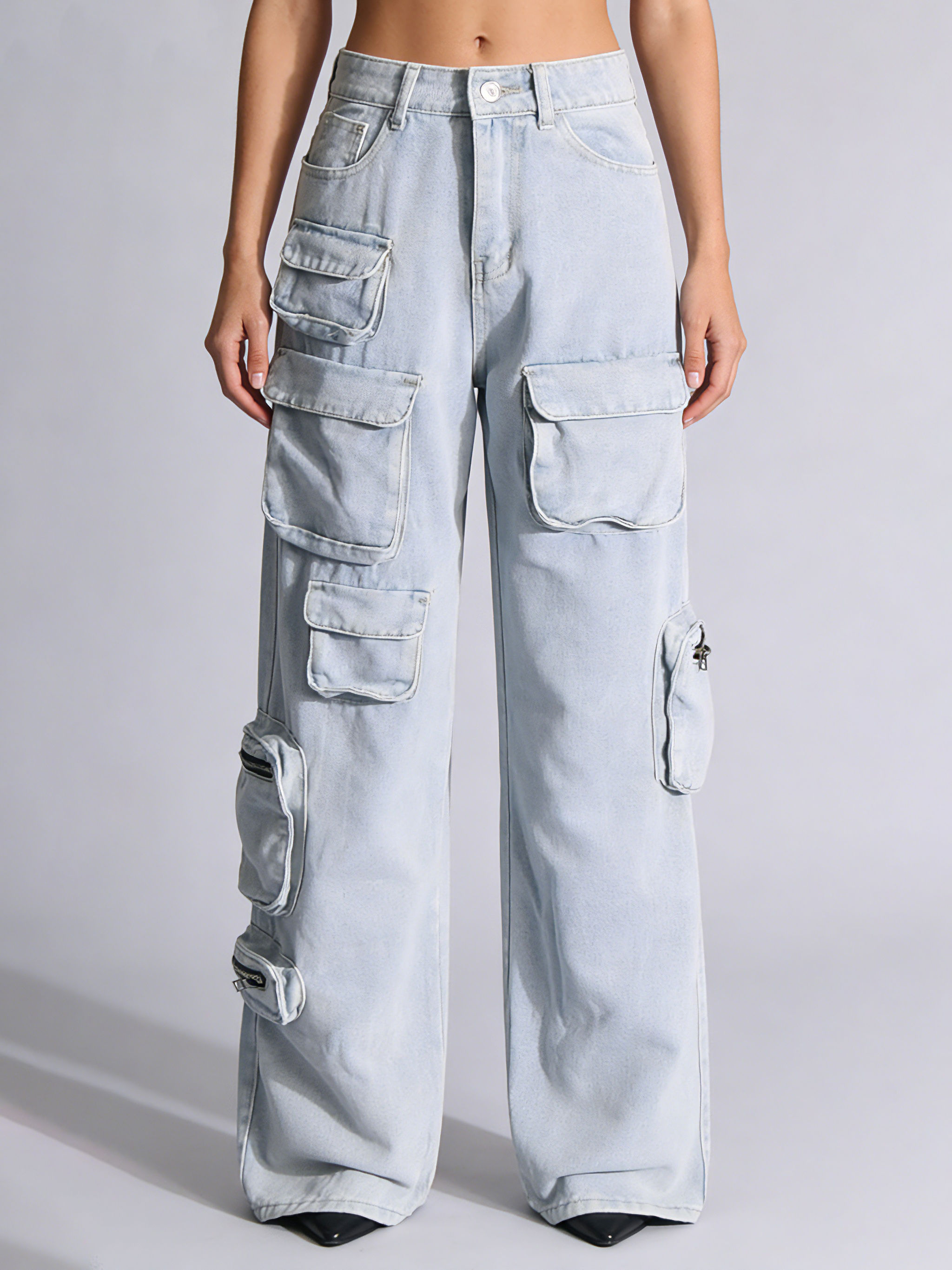 TWOTWINSTYLE Loose Patchwork Pocket Fashion Wide Leg Jeans