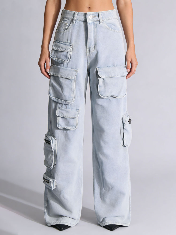 TWOTWINSTYLE Loose Patchwork Pocket Fashion Wide Leg Jeans