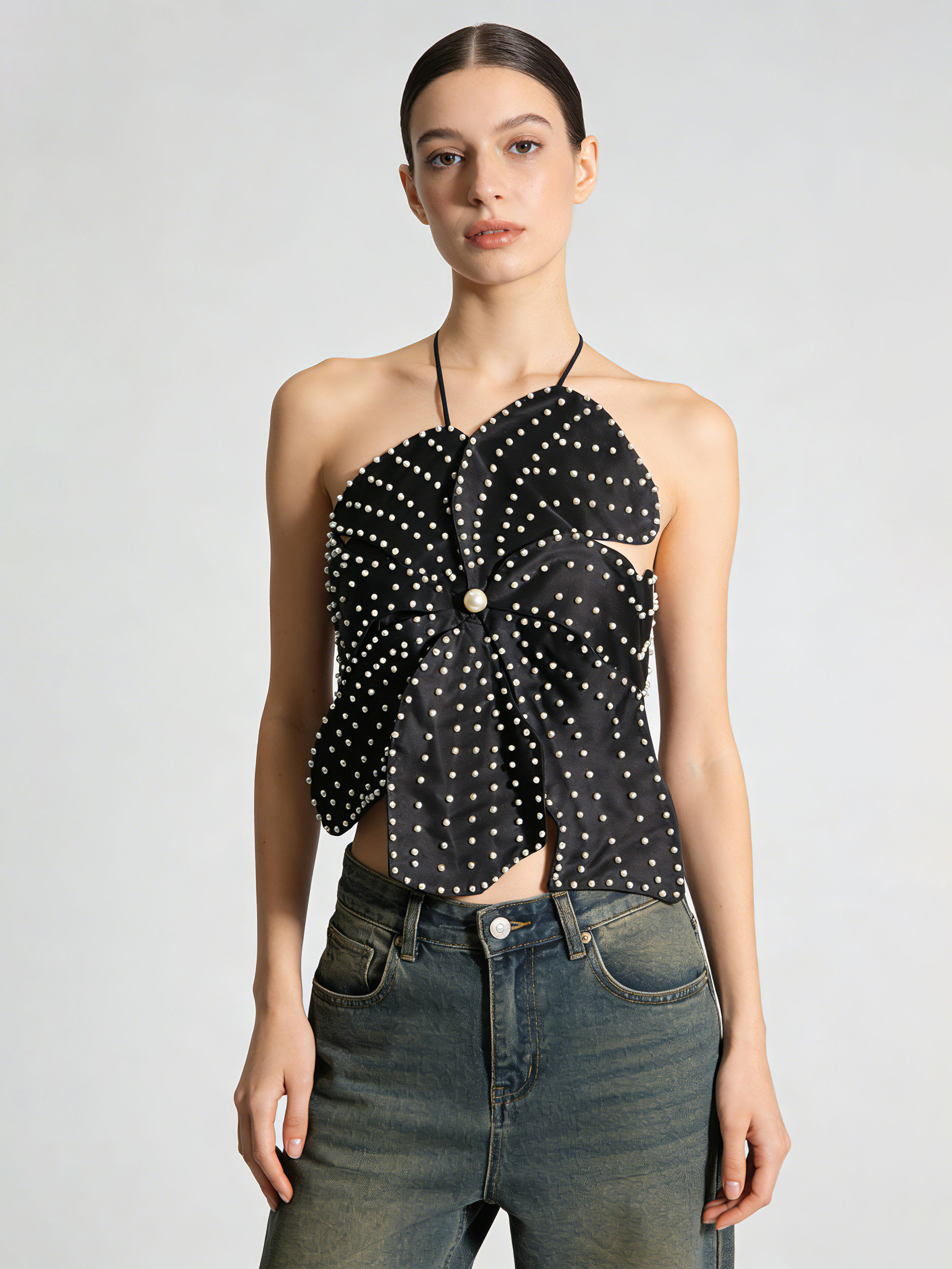 TWOTWINSTYLE Off Shoulder Patchwork Pearl Sexy Vest