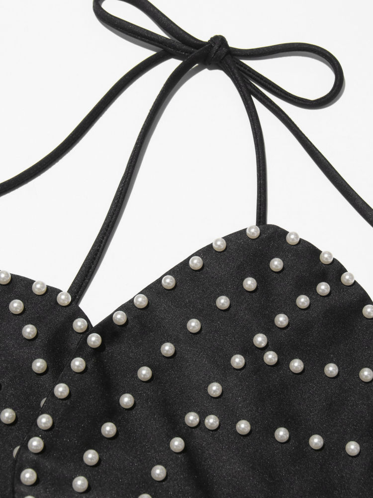 TWOTWINSTYLE Off Shoulder Patchwork Pearl Sexy Vest