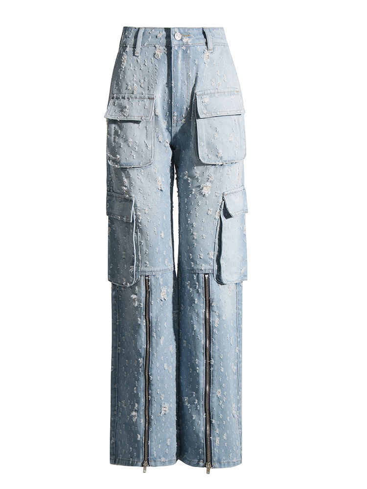 TWOTWINSTYLE Solid Hollow Out Patchwork Zipper Chic Jeans