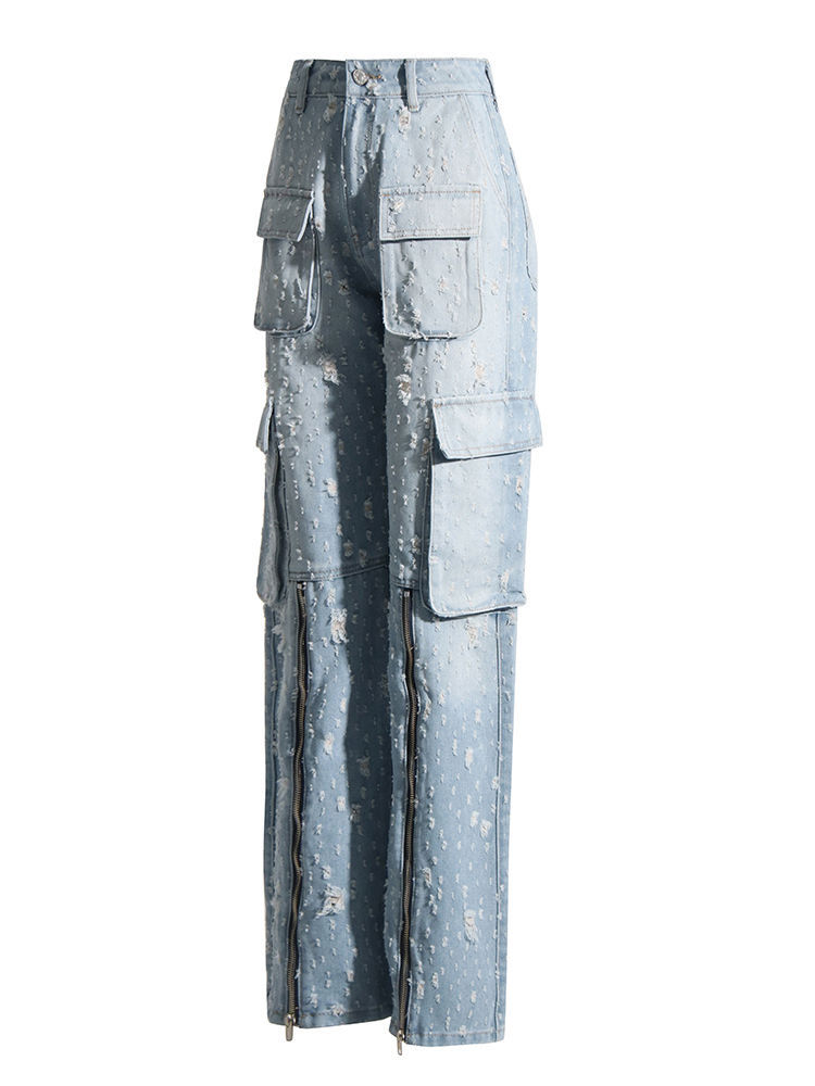 TWOTWINSTYLE Solid Hollow Out Patchwork Zipper Chic Jeans