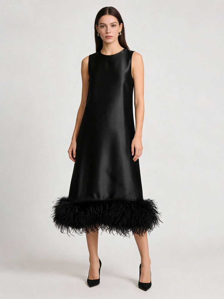 TWOTWINSTYLE Solid Sleeveles Patchwork Fur Chic Dress