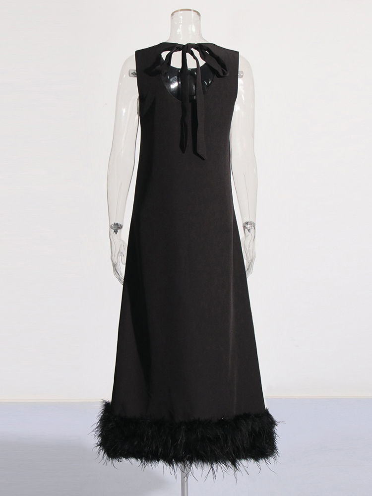 TWOTWINSTYLE Solid Sleeveles Patchwork Fur Chic Dress
