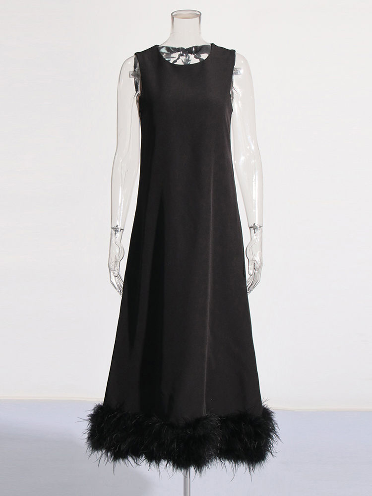 TWOTWINSTYLE Solid Sleeveles Patchwork Fur Chic Dress