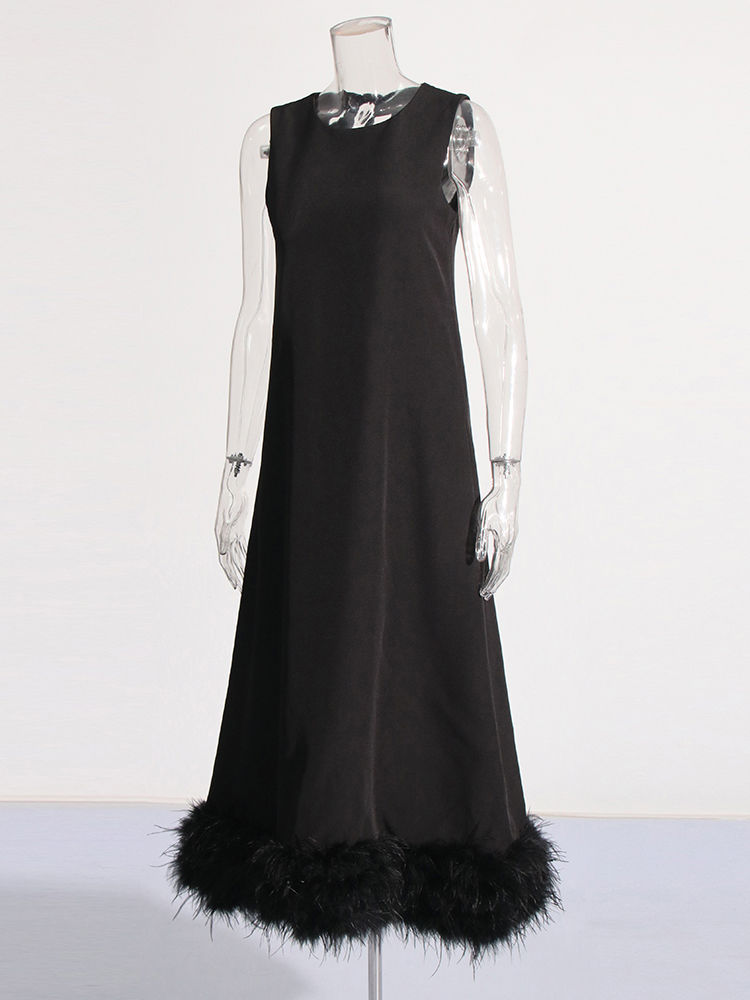 TWOTWINSTYLE Solid Sleeveles Patchwork Fur Chic Dress