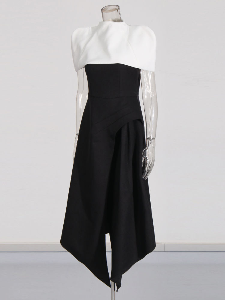 TWOTWINSTYLE Stand Collar Hit Color Irregular Hem Chic Dress